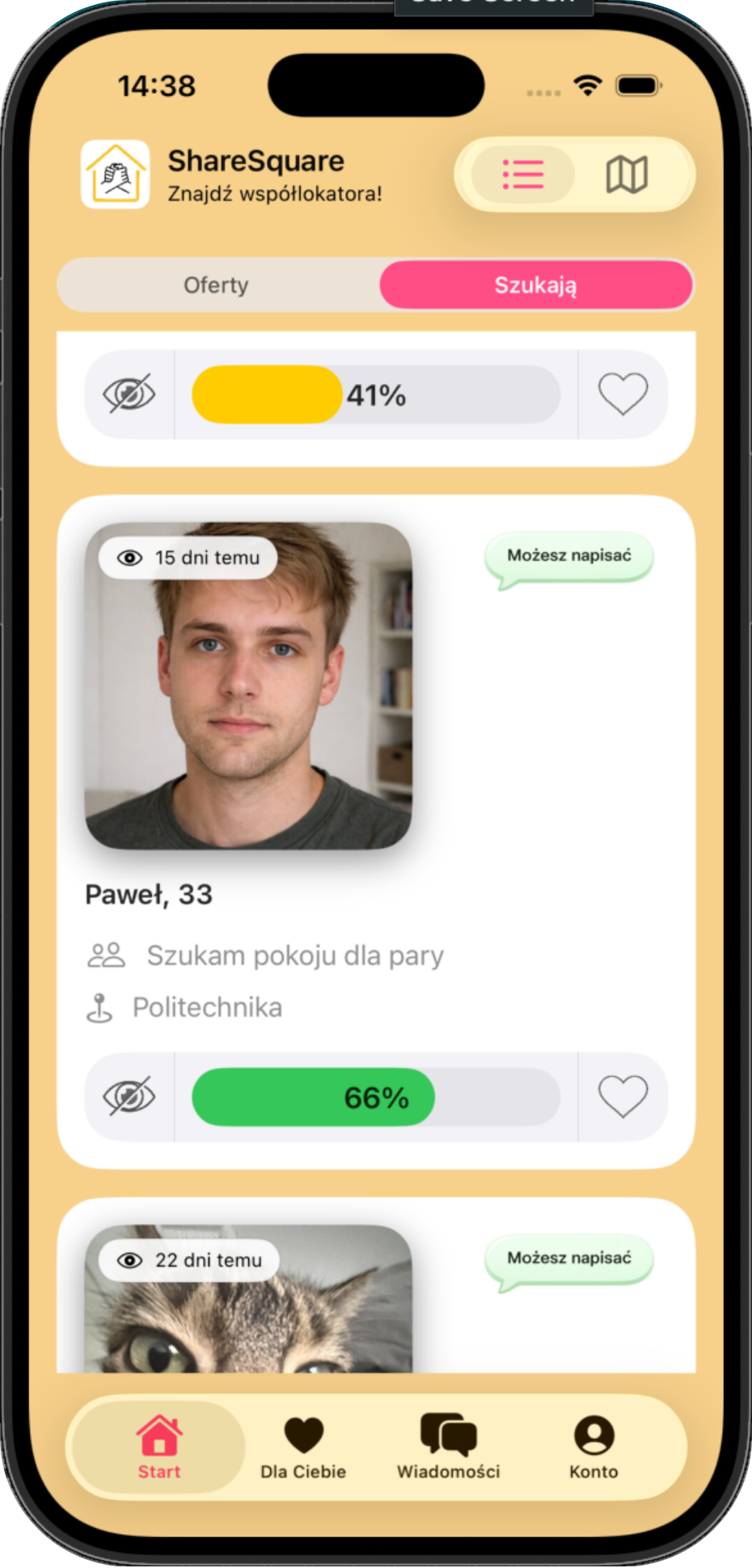 Lista osób szukających pokoju w ShareSquare